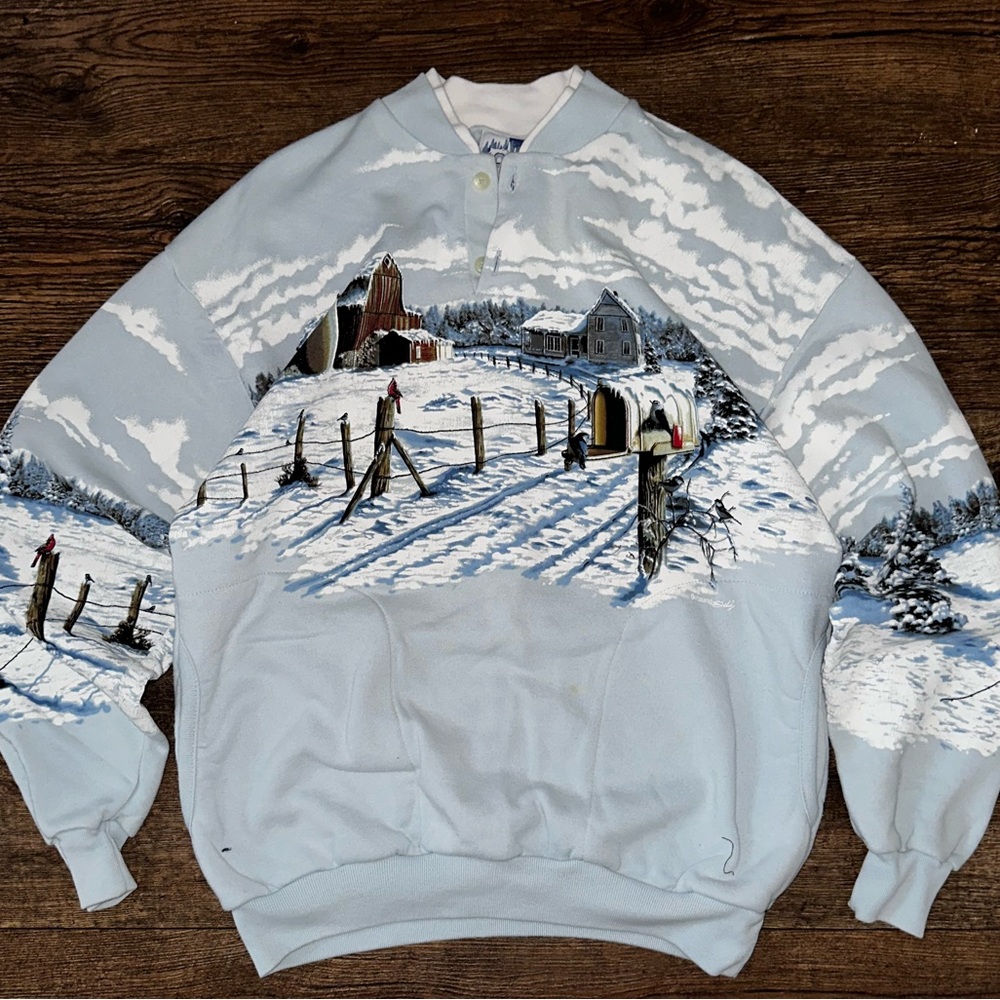 Vintage 90s Streetwear Christmas Farmhouse All Over Print Sweatshirt Médium